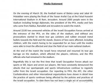 الرجوب: نستنكر ثقافة غضّ الطرف عن الاعتداءات المتكررة بحقّ لاعبينا ومنشآتنا الرياضية