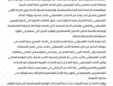 بيان صادر عن الاتحاد الفلسطيني لكرة القدم بخصوص تسجيل اللاعبين في قطر
