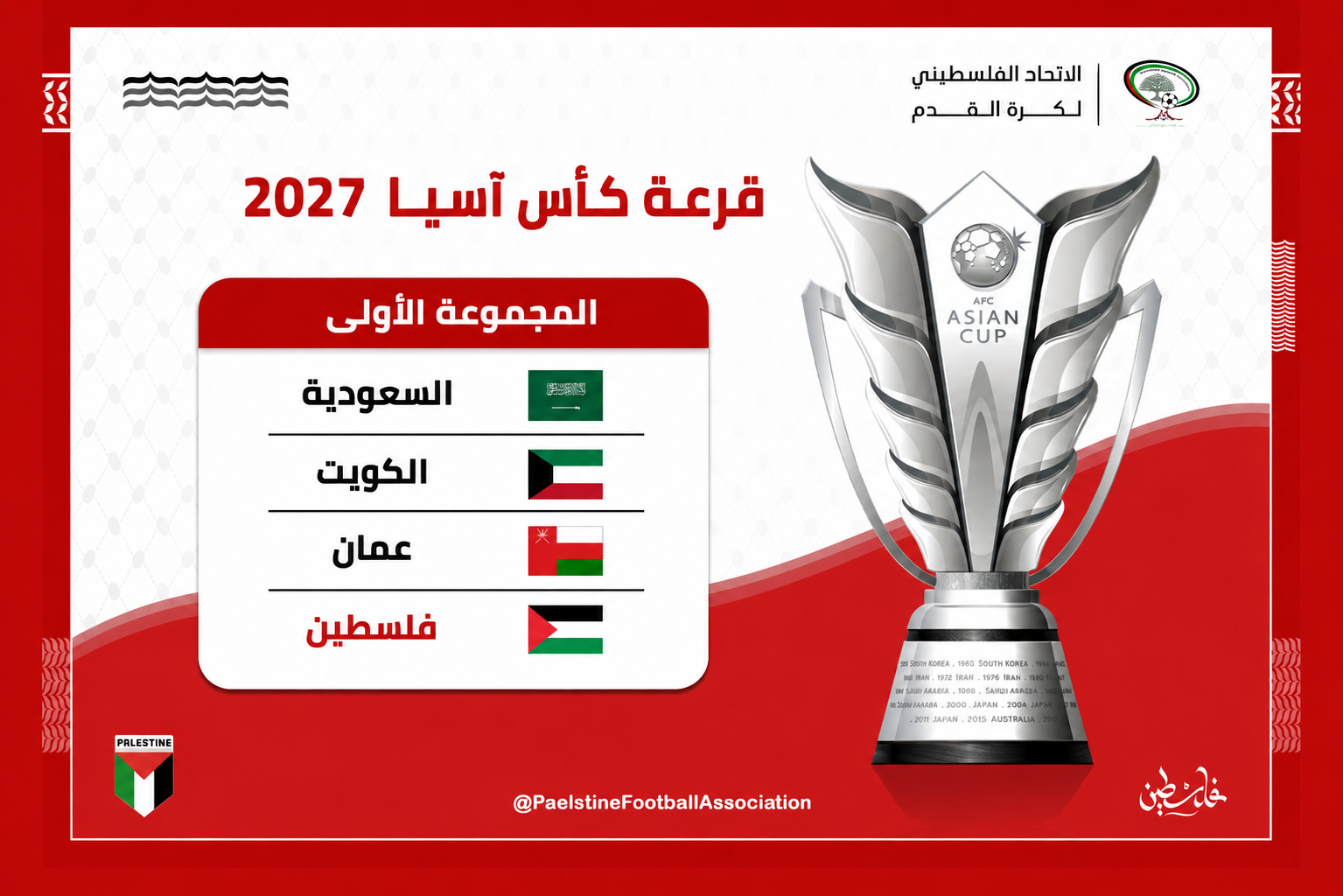 الفدائي في المجموعة الأولى لنهائيات كأس آسيا ويلعب مباراة الافتتاح 